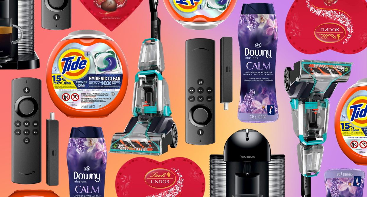 collage of amazon canada deals: fire tv stick, downy, tide, lindt chocolate, vacuum, nespresso