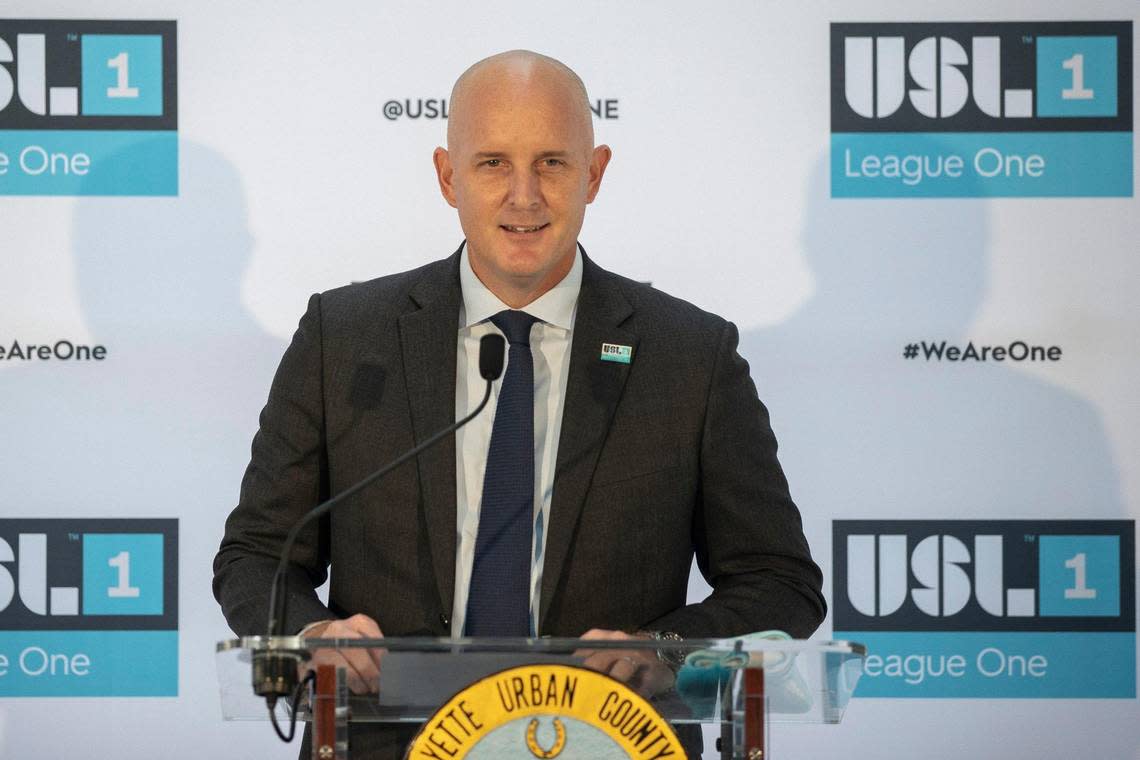 USL president Jake Edwards speaks during a media conference Tuesday, Oct. 5, 2021, in downtown Lexington, Ky., announcing that the city is being awarded an expansion pro soccer franchise in USL League One.