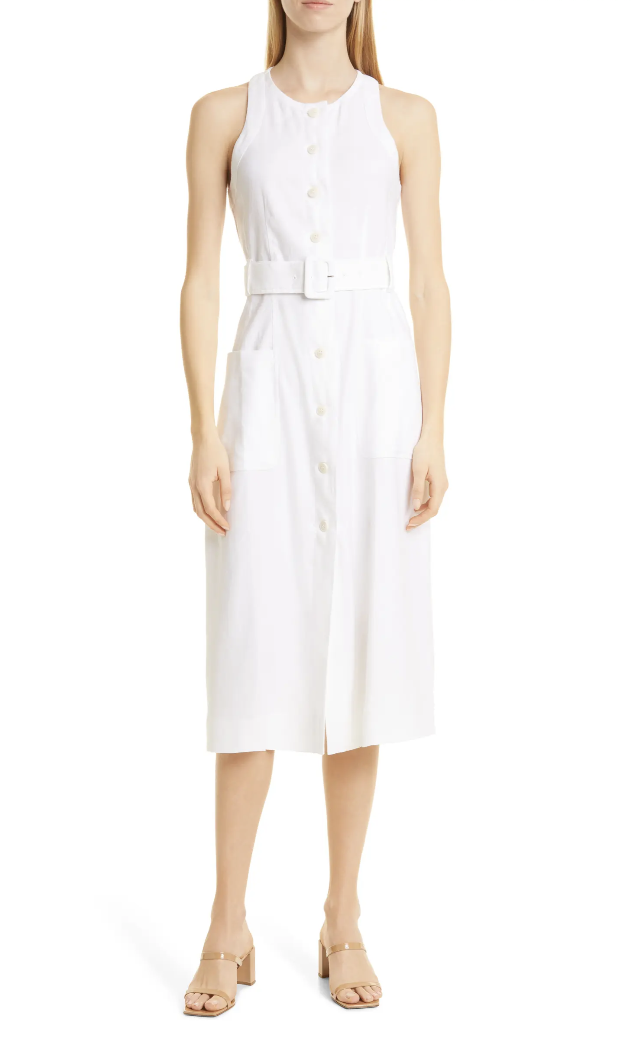 model in sleeveless white dress with buttons, Ted Baker London Jancita Button-Up Sleeveless Midi Dress (Photo via Nordstrom)