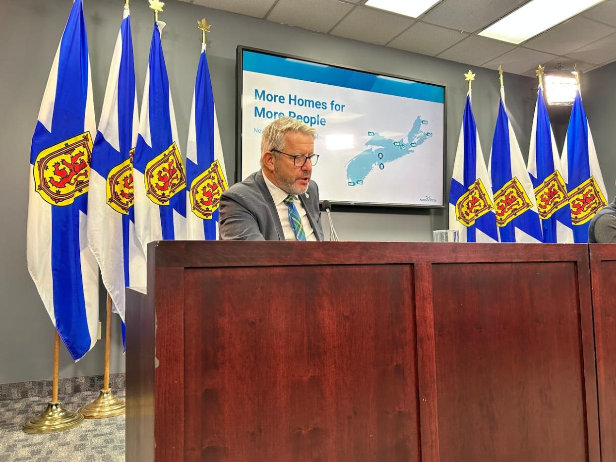 Nova Scotia Municipal Affairs and Housing Minister John Lohr speaks to reporters at a news conference on Friday. (Nicola Seguin/CBC - image credit)