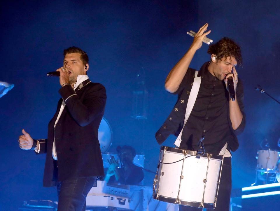 For King and Country band members Joel Smallbone and Luke Smallbone, a Christian pop duo, performs at Wisconsin State Fair Park, Saturday, September 12, 2020 before a crowd of 500 cars in a drive-in concert.