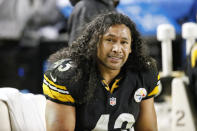 FILE - In this Saturday, Jan. 3, 2015 file photo, Pittsburgh Steelers strong safety Troy Polamalu (43) sits on the bench during the second half of a 30-17 loss to the Baltimore Ravens in an NFL wildcard playoff football game in Pittsburgh. Former Pittsburgh Steelers star Troy Polamalu has carved his own unique path to the Hall of Fame. Polamalu spent 12 seasons in Pittsburgh, winning a pair of Super Bowls while being named to the Pro Bowl eight times. (AP Photo/Gene J. Puskar, File)