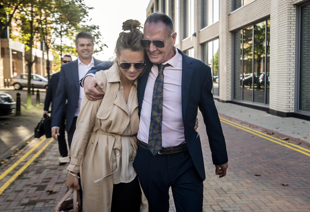 Former England footballer Paul Gascoigne with Katie Davies, Personal Manager for Paul Gascoigne M&N Management, leaving Teesside Crown Court, Middlesbrough, after he was cleared of all charges of sexually assaulting a woman on a train.