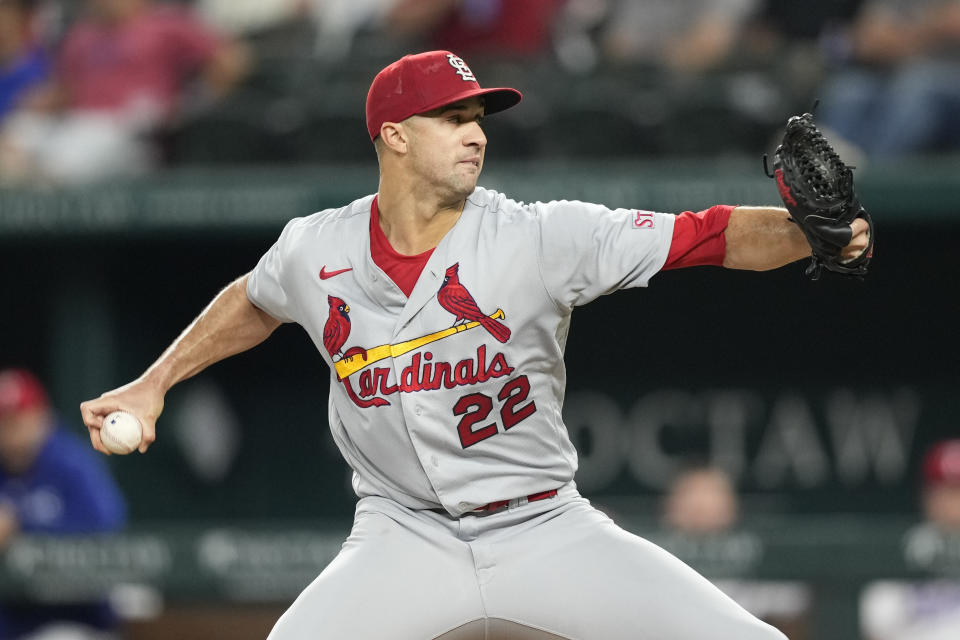 St. Louis Cardinals starting pitcher Jack Flaherty (22) delivers a pitch to the Texas Rangers during the first inning of a baseball game, Wednesday, June 7, 2023, in Arlington, Texas. (AP Photo/Jim Cowsert)