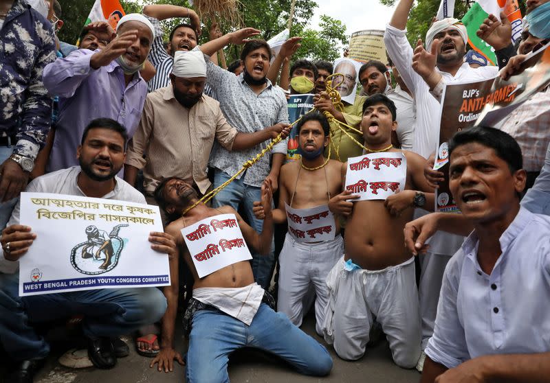 Protest against farm bills passed by India's parliament, in Kolkata