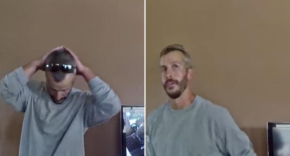 Chris Watts talks to a police officer and a neighbor about surveillance footage. Source: Netflix