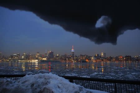 Ice floes, the skyline of New York's Middle Manhattan and the Empire State Building are seen in a park along the Hudson River in Hoboken, New Jersey February 22, 2015.REUTERS/Eduardo Munoz