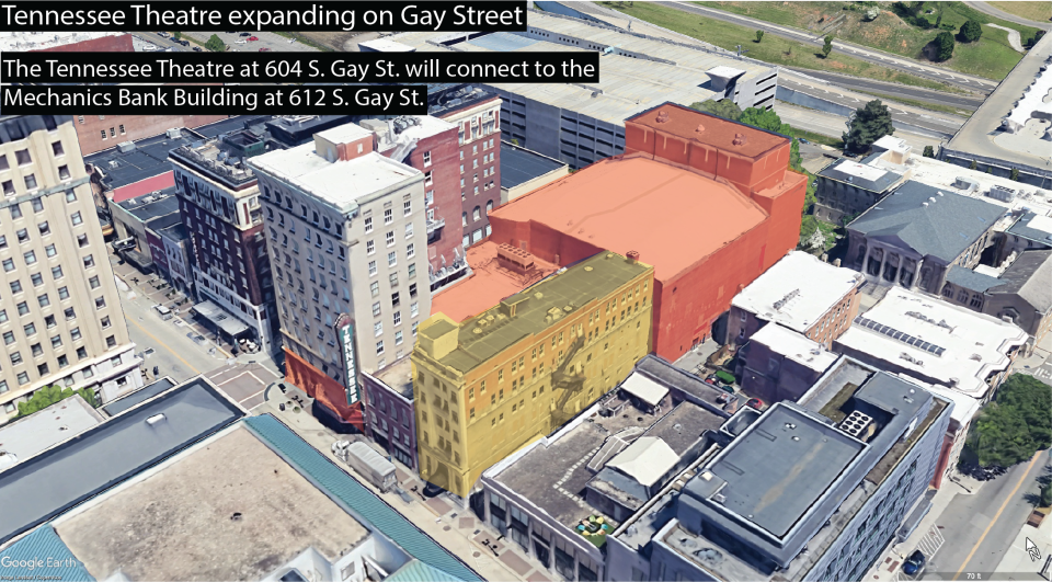 The Tennessee Theatre at 604 S. Gay St. (red) would connect to Mechanics Bank Building at 612 S. Gay St. (yellow) in the theater's expansion plan. Though the buildings are two doors apart on Gay Street, the rear of the Mechanics Bank Building actually stands directly in front of the theater's auditorium, allowing for the construction of corridors to bridge the buildings near the theater's orchestra and balcony foyers.