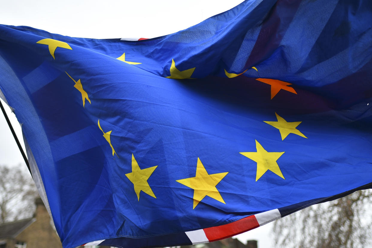 Anti Brexit demonstrators gather outside the Parliament, waving EU and Union flags to protest against Brexit, ahead of the vote on Theresa May’s Brexit Deal, London on January 7, 2019. (Photo by Alberto Pezzali/NurPhoto/Sipa USA)