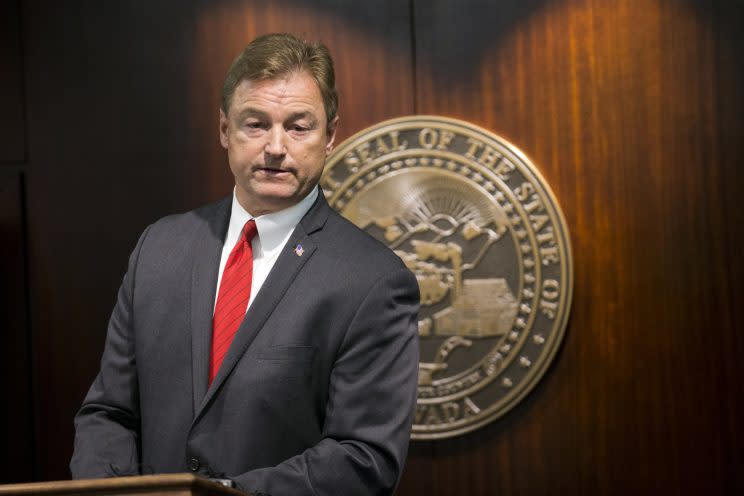 Sen. Dean Heller, R-Nev., during a press conference where he announced he will vote no on the proposed GOP healthcare bill at the Grant Sawyer State Office Building on Friday, June 23, 2017 in Las Vegas. (Photo: Erik Verduzco/Las Vegas Review-Journal via AP)