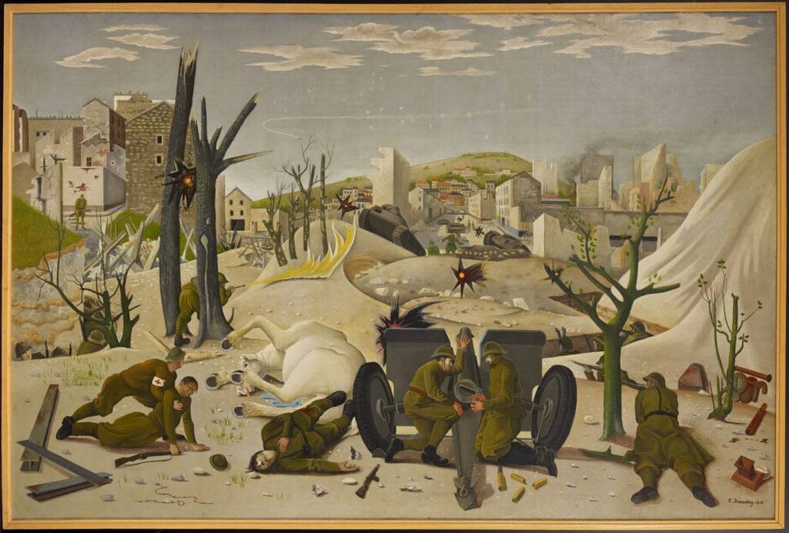 Painting, “La bataille pour la ville” (“The Battle for the City”), 1944. Raymond Daussy (French, 1918–2010) Paris. Oil on canvas. The Mitchell Wolfson, Jr. Collection at Wolfsonian–Florida International University.