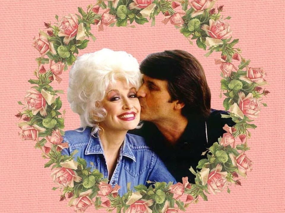Dolly Parton and Carl Dean. Dean kisses Parton on the cheek.
