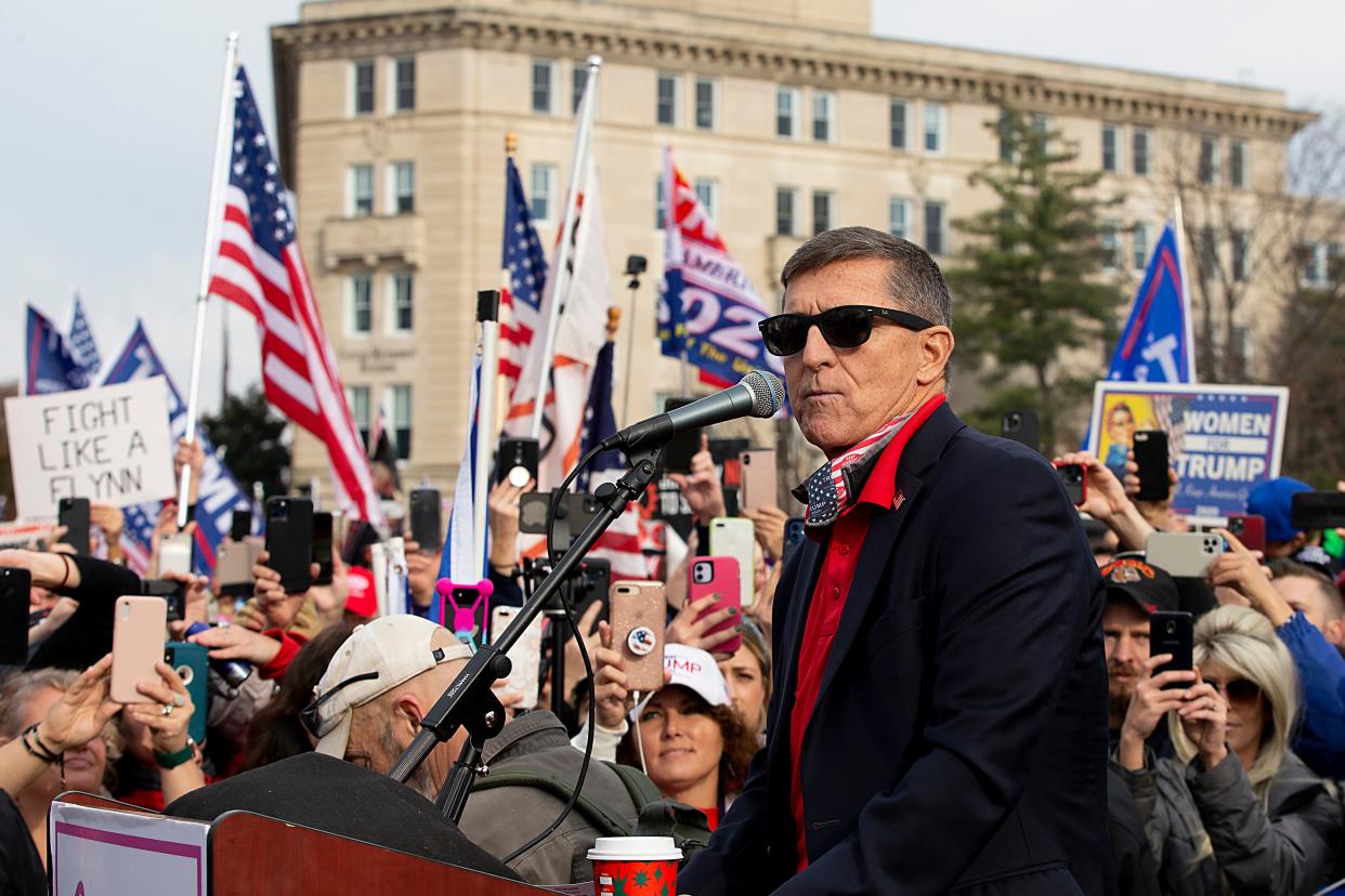 Michael Flynn speaks to a crowd of Trump supporters during a protest against the outcome of the presidential election outside the Supreme Court on Dec. 12, 2020. (Photo: Tasos Katopodis/Getty Images)