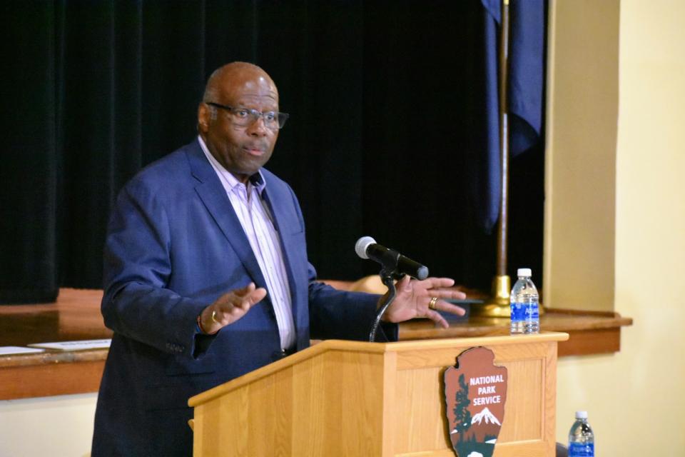 The Rev. Joseph B. Anderson speaks to a crowd of former students from all-Black Topeka schools May 18, 2024, at the Brown v. Board of Education National Historical Park.