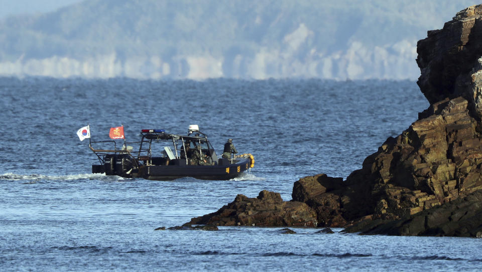 FILE - In this Sept. 27, 2020 file photo, a South Korean marine boat patrols near Yeonpyeong island, South Korea. South Korean President Moon Jae-in has apologized for the first time for the killing of a man who was shot by North Korean troops last week, saying his government failed in its responsibility to safeguard a citizen. The shooting triggered outrage that Seoul apparently wasted hours to rescue the man before his death. (Baek Seung-ryul/Yonhap via AP, File)