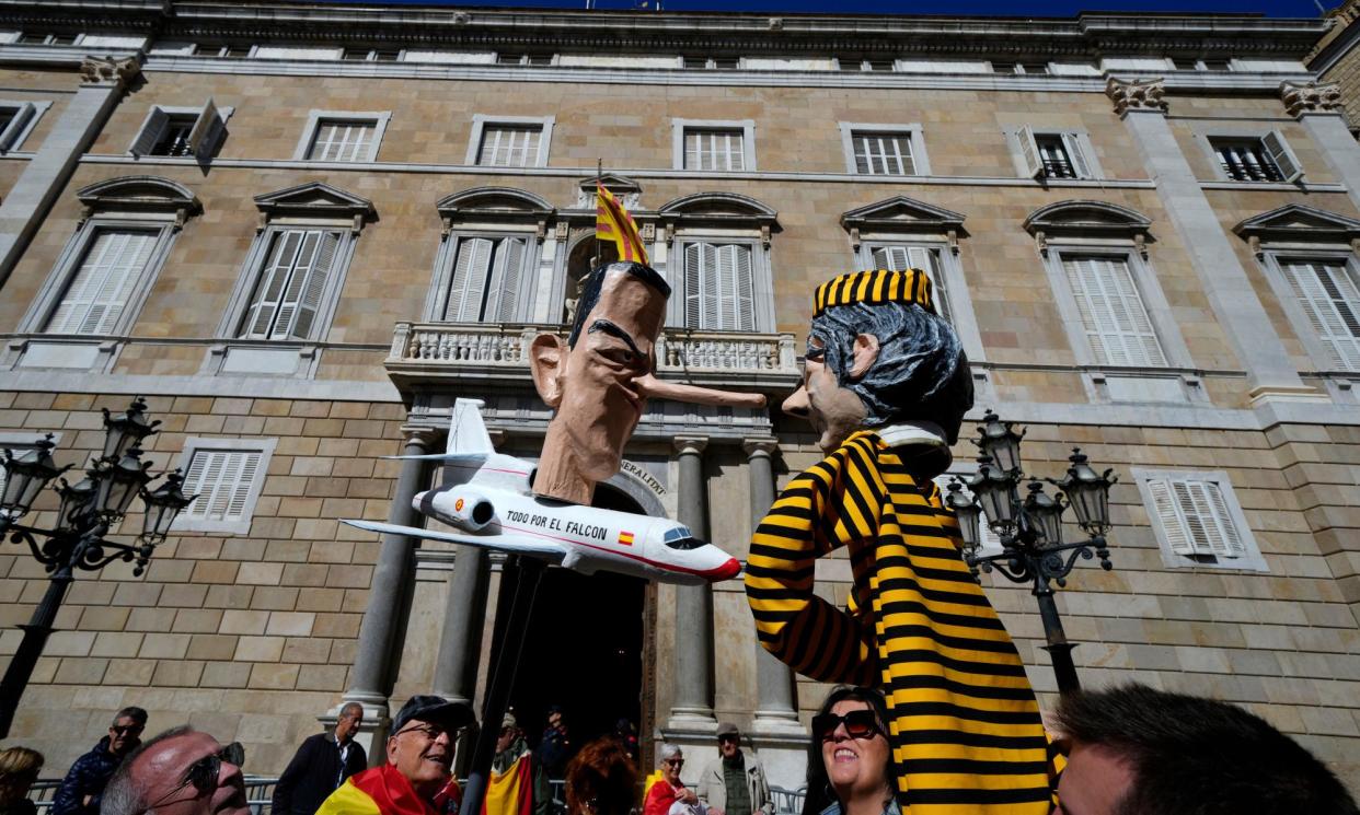 <span>A Barcelona protest against the amnesty features effigies of Pedro Sánchez (left) and the former Catalan regional president Carles Puigdemont, who fled abroad.</span><span>Photograph: Alejandro García/EPA</span>