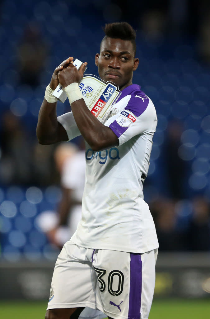 CARDIFF, WALES – APRIL 28: Christian Atsu of Newcastle United after the final whistle of the Sky Bet Championship match between Cardiff City and Newcastle United at the Cardiff City Stadium on April 28, 2017 in Cardiff, Wales. (Photo by Athena Pictures/Getty Images)