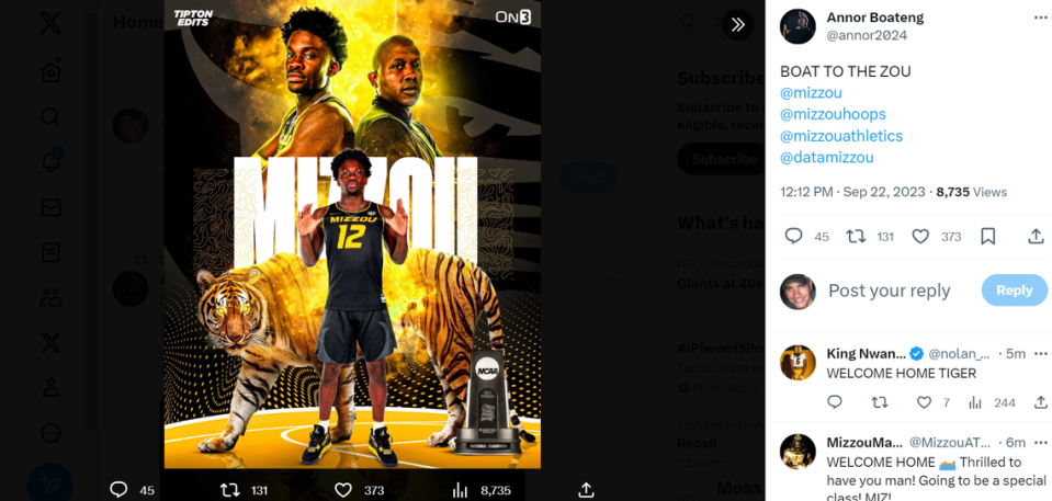 Coveted high school small forward Annor Boateng announces his decision to play for Mizzou. X screengrab