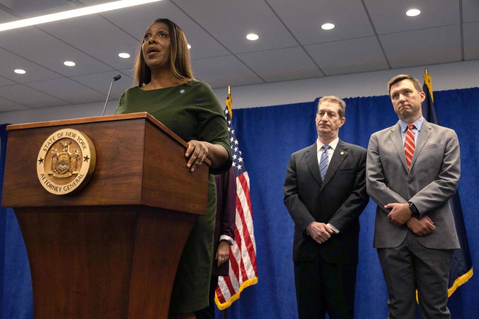 New York Attorney General Letitia James announces that she's filed a civil lawsuit against former President Donald Trump and his family for overstating asset valuations and deflating his net worth by billions for tax and insurance benefits, on Wednesday, Sept. 21, 2022, in New York. James told journalists her office is seeking that the former president pay $250 million in penalties, as well as banning his family "from running NY business for good" and barring him and his company from purchasing property in the state for five years.