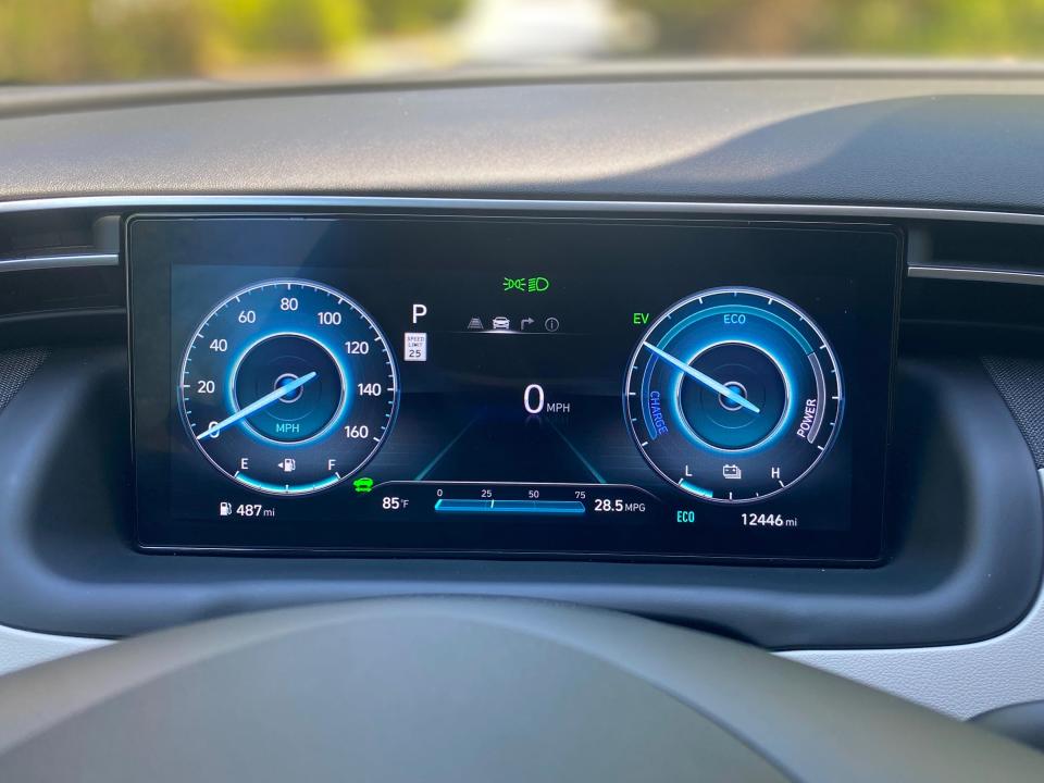 The digital instrument gauge display of a Hyundai Tucson Hybrid Limited SUV.
