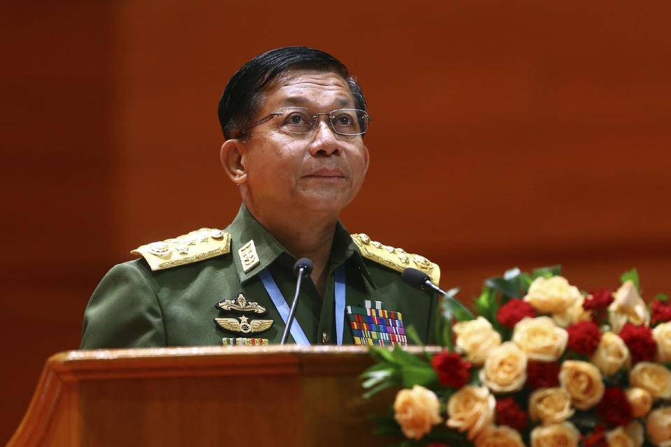 FILE - In this July 11, 2018, file photo, Myanmar's Army Commander-in-Chief Senior Gen. Min Aung Hlaing speaks during the opening ceremony of the third session of the 21st Century Panglong Conference at the Myanmar International Convention Centre in Naypyitaw, Myanmar. A military coup was taking place in Myanmar early Monday, Feb. 1, 2021 and State Counsellor Aung San Suu Kyi was detained under house arrest, reports said, as communications were cut to the capital. (AP Photo/Aung Shine Oo, File)