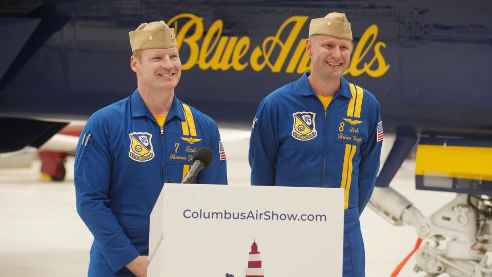 U.S. Navy LCDR's Thomas Zimmerman Brian Vaught (left) and Brian Vaught talk with the media at Rickenbacker Aviation before they met with officials from the 2023 Columbus Air Show presented by Scotts.