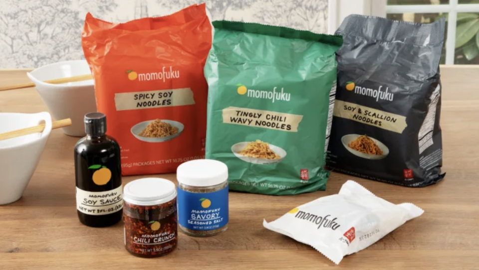 Momofuku's Bestseller Pack includes three varieties of noodles, restaurant-grade soy sauce, savory seasoned salt, and chili crunch.