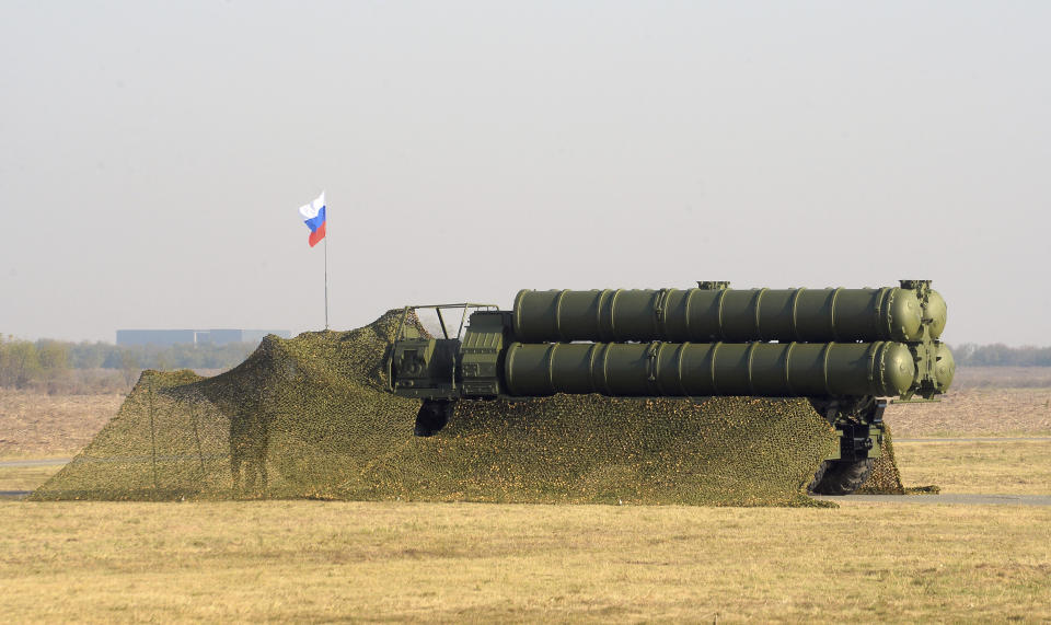 In this photo provided by the Serbian Presidential Press Service, Russian S-400 Triumf surface-to-air missile systems display during joint air defense drills at the military airport Batajnica, near Belgrade, Serbia, Friday, Oct. 25. 2019. Serbian President Aleksandar Vucic visited Friday a military airport near Belgrade, saying he was impressed by what the Russian air defense systems can do. (Serbian Presidential Press Service via AP)