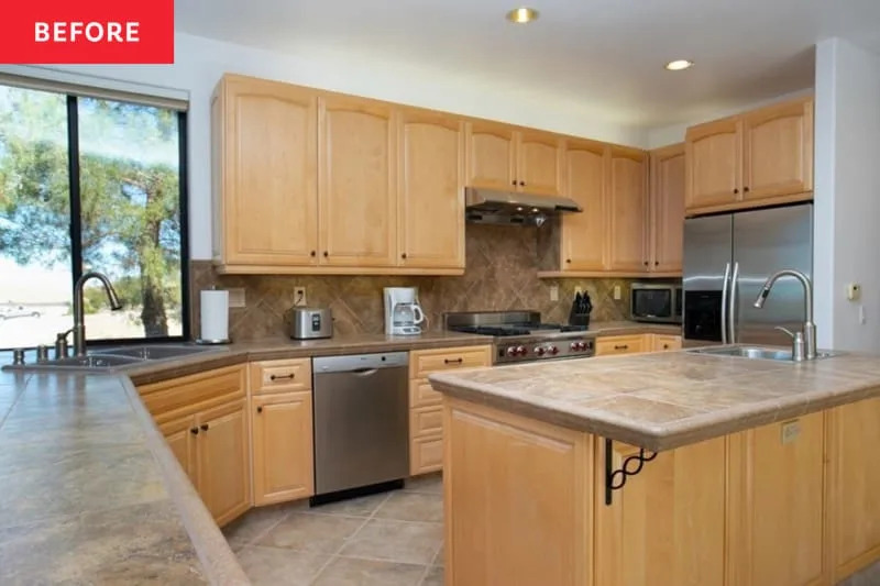 Before: 2003 kitchen with tan wooden cabinets and tile counters