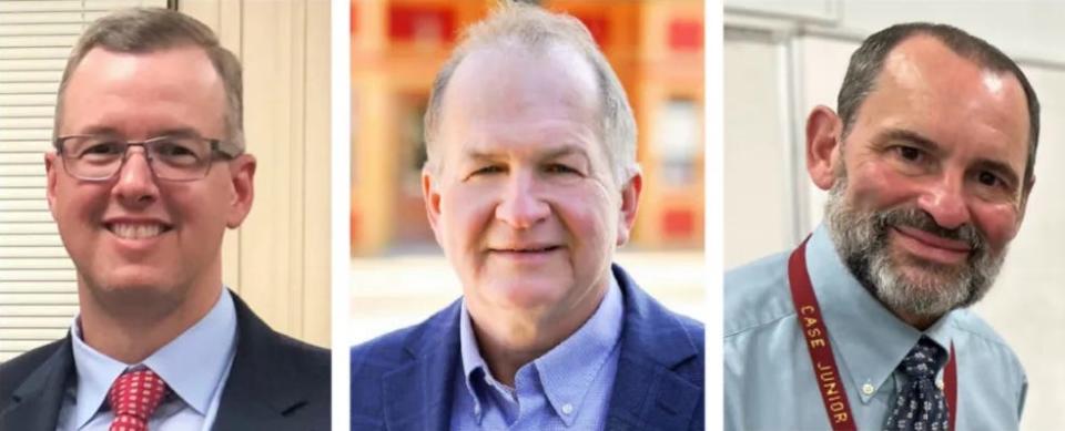 From left are Taunton High School Principal Scott Holcomb, former Coventry, R.I., superintendent Craig Levis and Joseph Case Junior High School Principal Robert Silveira. The three are candidates for Swansea Public Schools superintendent.