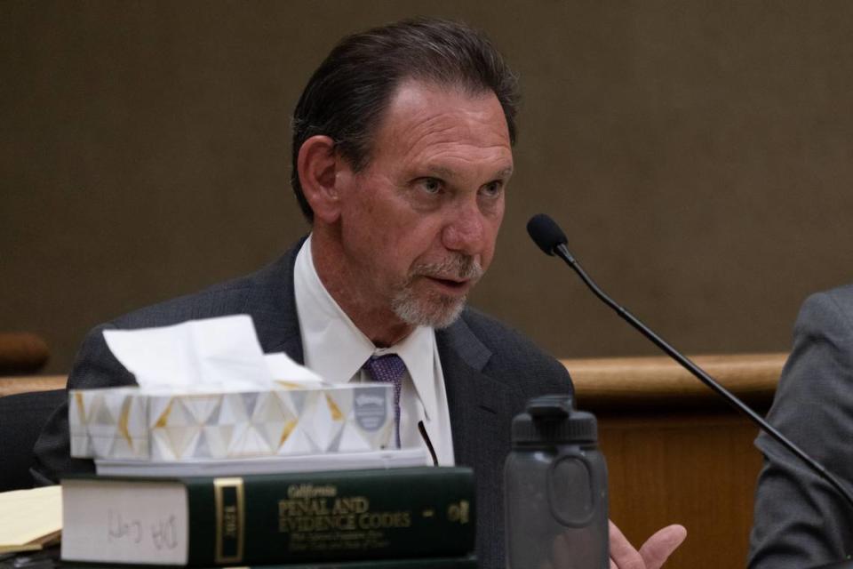 Defense attorney Raymond Allen questions a witness in the trial against his client, Stephen Deflaun, in San Luis Obispo Superior Court on Apr. 25, 2023.