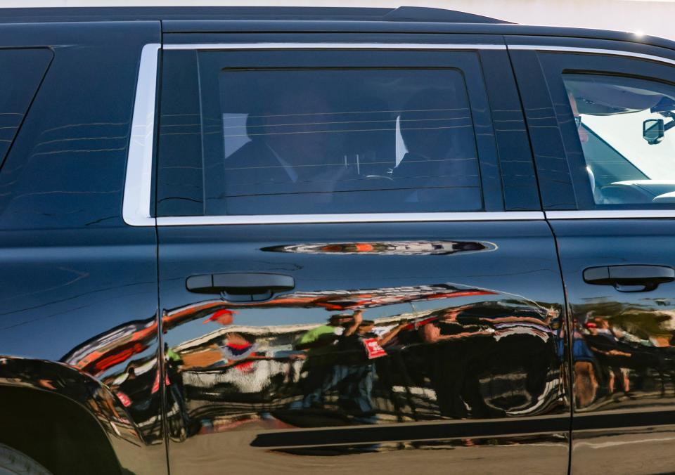 Trump arrives at the federal courthouse for a classified documents sealed hearing in Fort Pierce on Monday, Feb, 12, 2024.