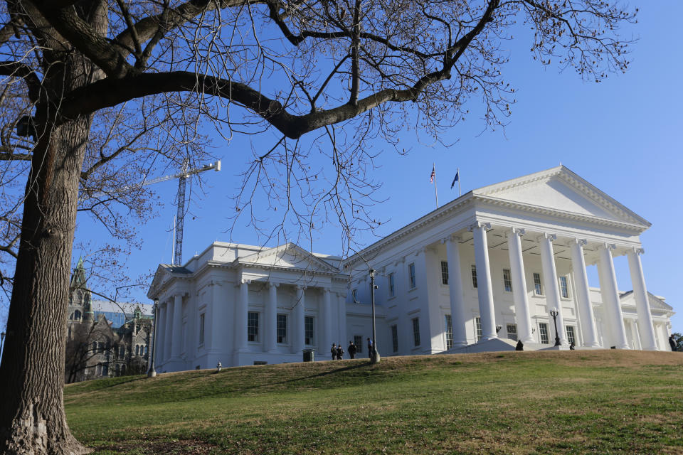 FILE - Visitors mill around the Virginia State Capitol in Richmond, Va., Wednesday, Jan. 8, 2020. Virginia Republicans are stepping up their criticism of the rhetoric being used by their Democratic opponents in abortion-focused messaging in 2023's critical legislative elections. (AP Photo/Steve Helber, File)