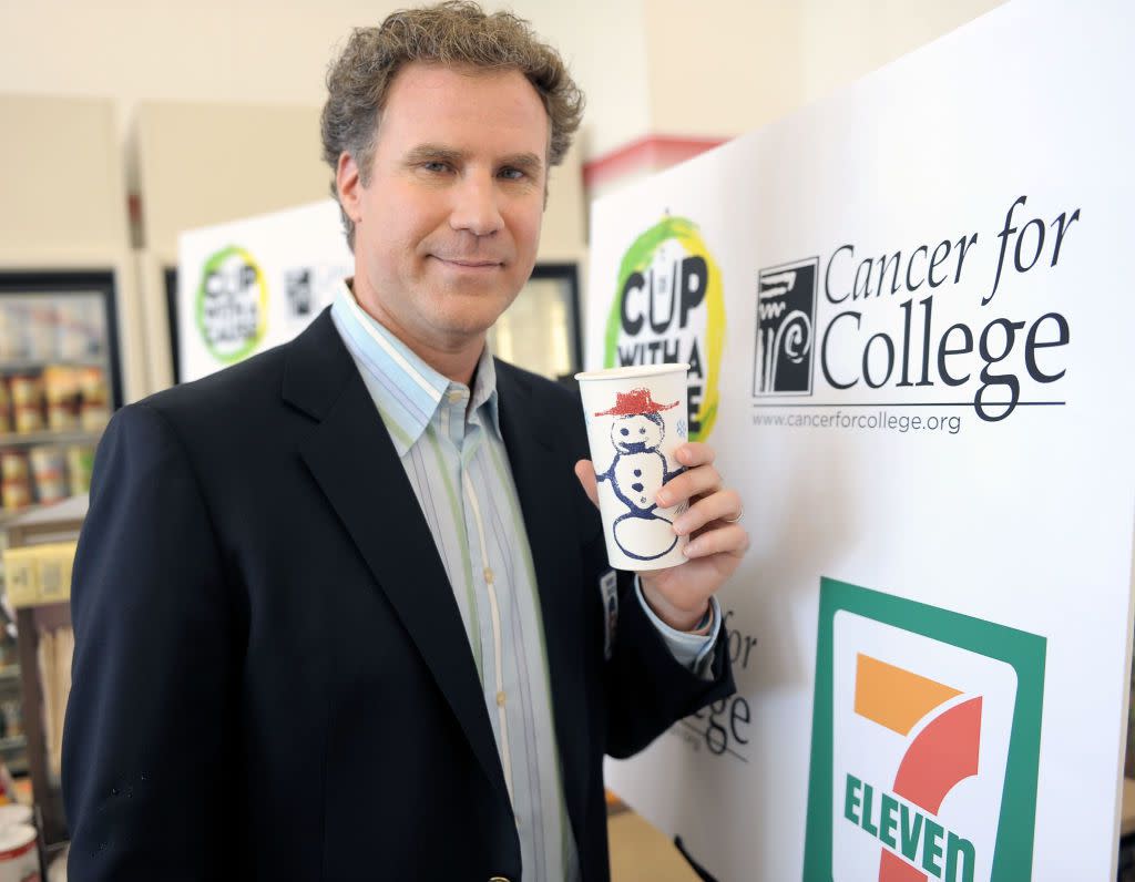 Actor Will Ferrell drinks a cup of coffee at the premiere of his latest project - his own coffee cup for 7-Eleven's 'Coffee Cup With A Cause' program