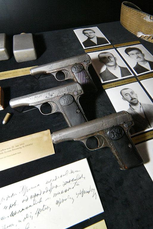 Weapons used by Bosnian Serb student Gavrilo Princip (top picture), who triggered World War I when he assassinated the heir to the Austrian-Hungarian throne Archduke Franz Ferdinand, are seen at a military history museum in Vienna, on June 28, 2004