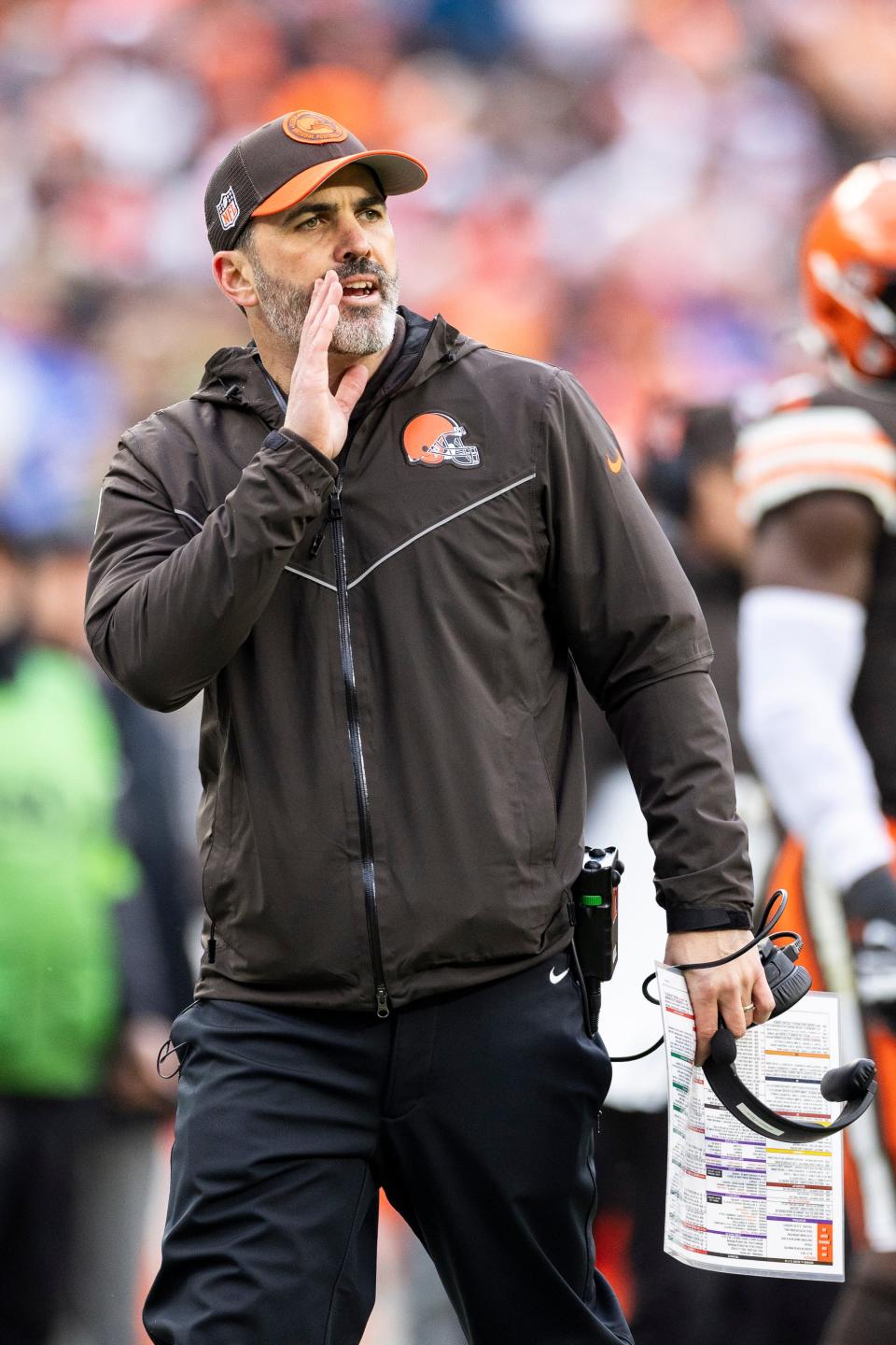 Cleveland Browns coach Kevin Stefanski calls out to the field during a break in play Dec. 17, 2023, against the Chicago Bears in Cleveland.