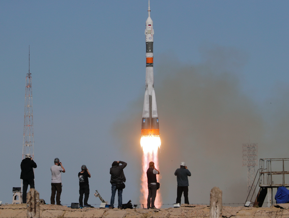 <em>The new crew blast off at the Russian leased Baikonur cosmodrome in Kazakhstan (PA)</em>