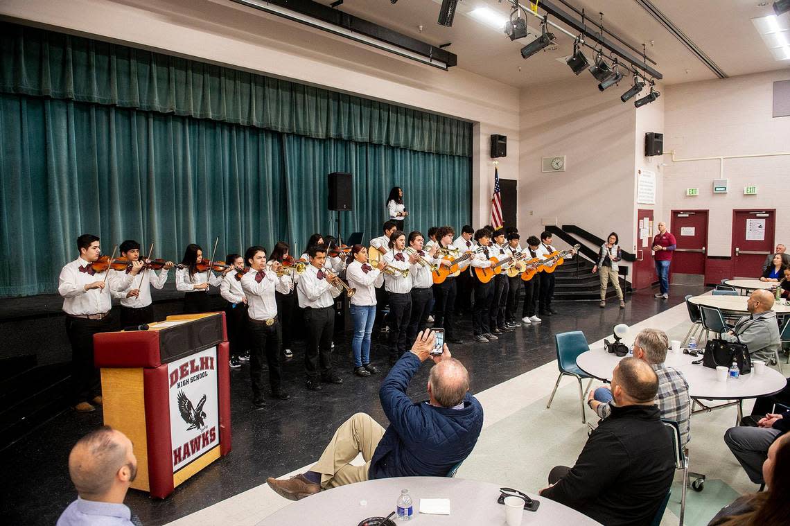 Delhi High School’s Mariachi Band performs during a groundbreaking ceremony for the Delhi Unified School District’s Career Technical Education building on the campus of Delhi High School in Delhi, Calif., on Tuesday, Feb. 21, 2023.