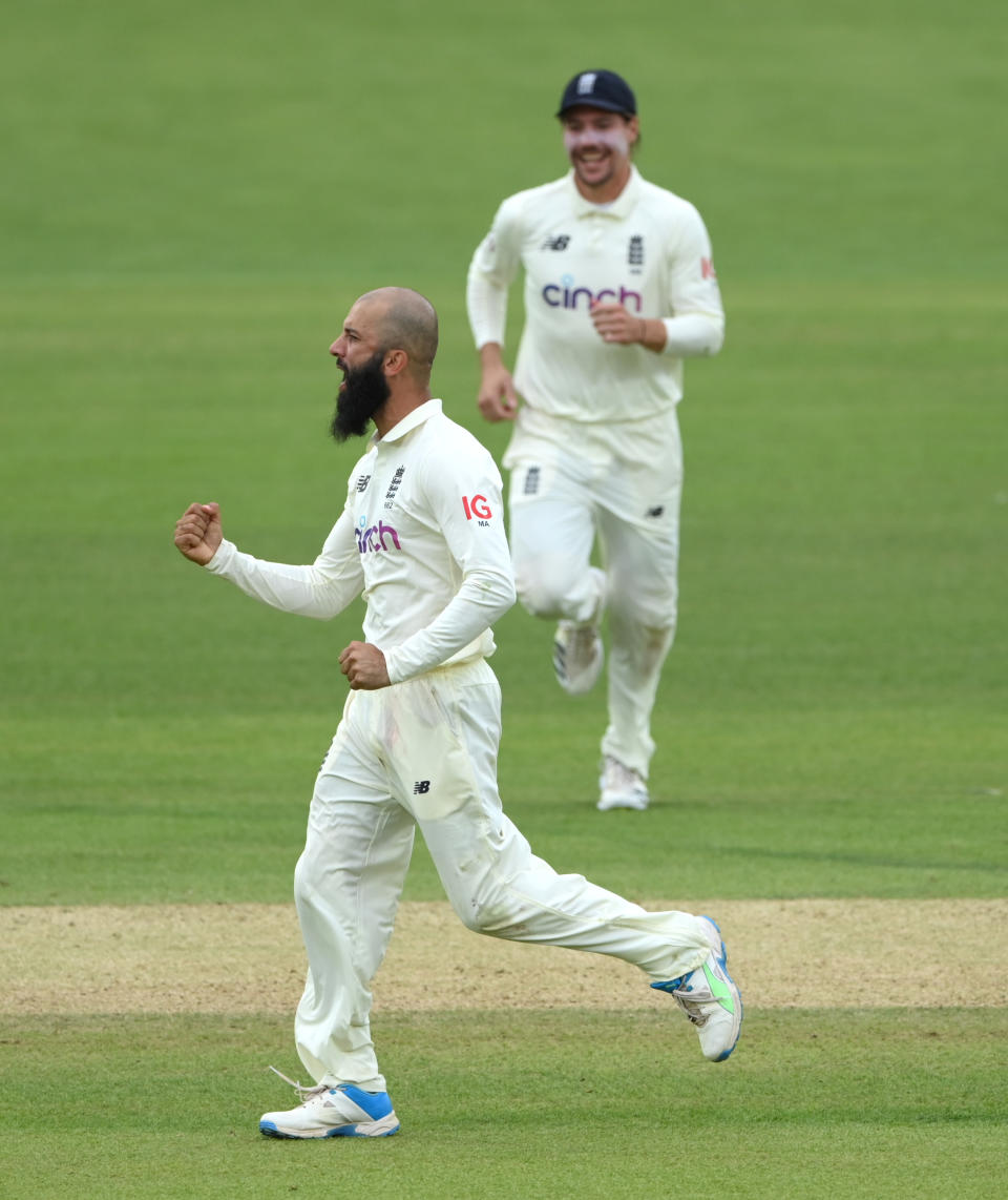 LONDON, ENGLAND - AUGUST 15: Moeen Ali celebrates after dismissing dismiss India batsman Ajinkya Rahane during day four of the Second Test Match between England and India at Lord's Cricket Ground on August 15, 2021 in London, England. (Photo by Stu Forster/Getty Images)