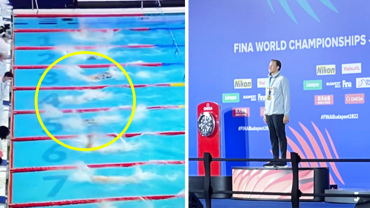 Justin Ress (picture right) on the podium at the FINA World Championships after winning (pictured left) the 50m backstroke.