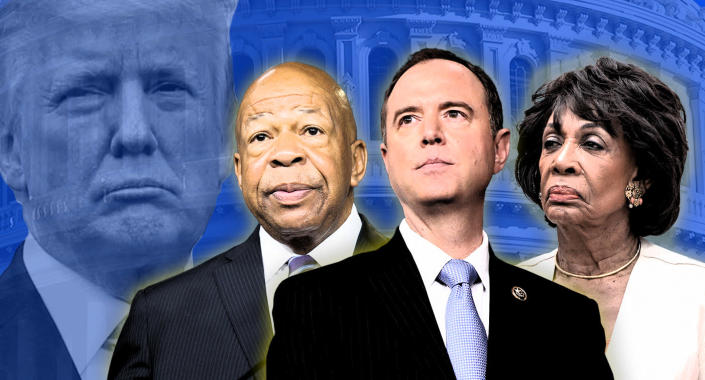 President Trump and likely Democratic House committee leaders Elijah Cummings, Adam Schiff and Maxine Waters. (Photo illustration: Yahoo News; photos: AP)