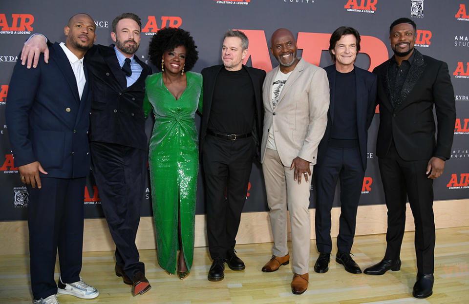 Marlon Wayans, Ben Affleck, Viola Davis, Matt Damon, Julius Tennon, Jason Bateman and Chris Tucker attend Amazon Studios' World Premiere Of "AIR" at Regency Village Theatre on March 27, 2023 in Los Angeles, California.