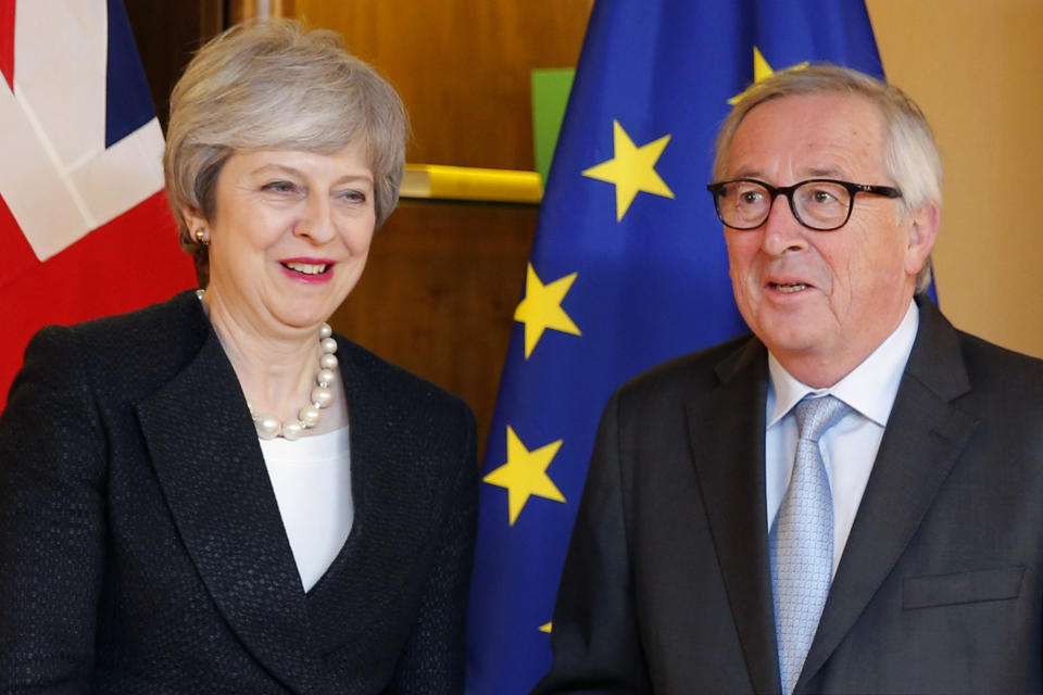 British Prime Minister Theresa May, left, poses for the media with European Commission President Jean-Claude Juncker in Strasbourg, France, Monday, March 11, 2019. May flew to Strasbourg, late Monday to try to secure a last-minute deal with the bloc. (Vincent Kessler/Pool Photo via AP)