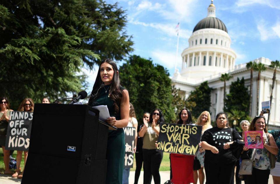 PHOTO: Chino Valley School board member Sonja Shaw speaks in front of the state Capitol on bills related to LGBTQ school curriculum, Aug. 14, 2023, in Sacramento, Calif. (Wally Skalij/Los Angeles Times via Getty Images)
