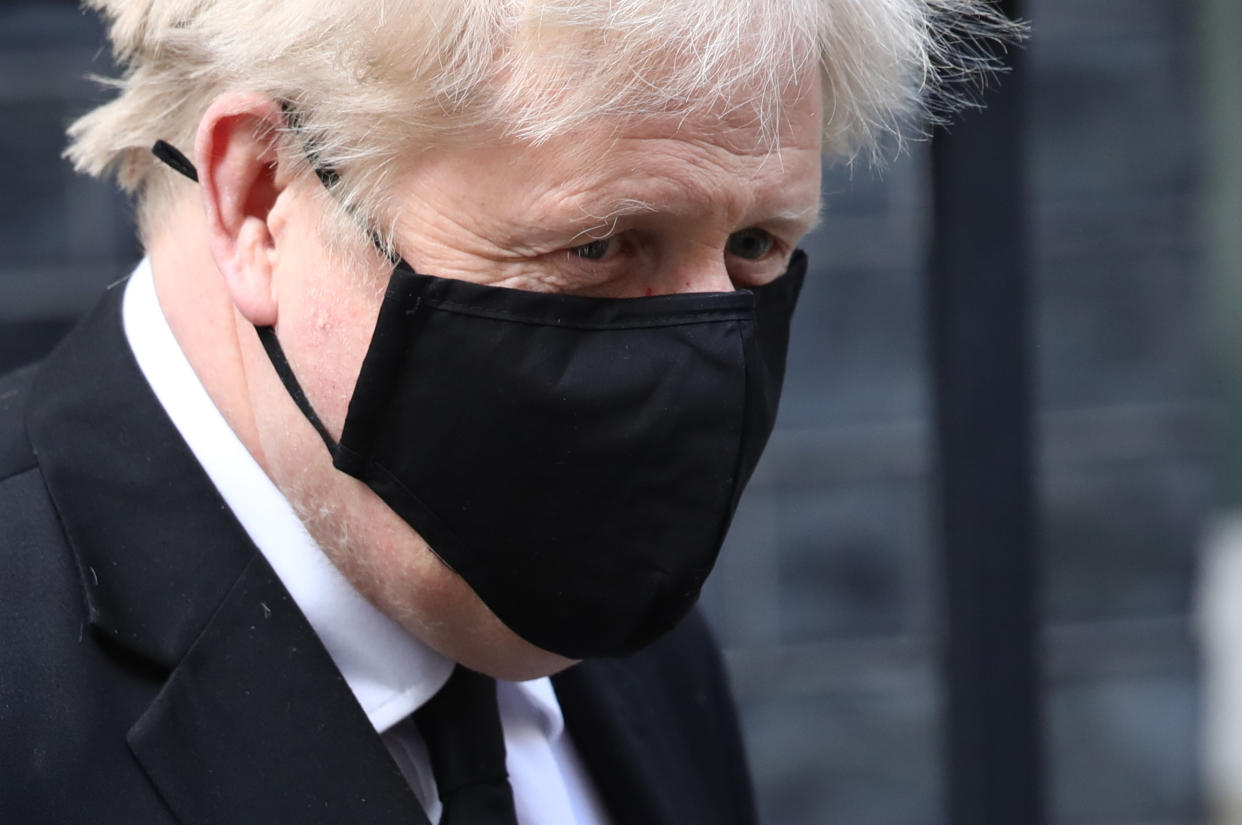 Prime Minister Boris Johnson, who appears to have had a haircut on the first day of the easing of lockdown restrictions in England, leaving 10 Downing Street in Westminster heading for the Houses of Parliament. Picture date: Monday April 12, 2021.