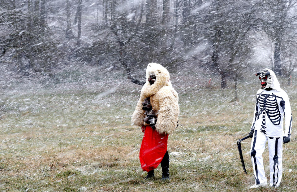 Revelers depicting devil and a grim reaper brave a snow storm during a traditional St Nicholas procession in the village of Valasska Polanka, Czech Republic, Saturday, Dec. 7, 2019. This pre-Christmas tradition has survived for centuries in a few villages in the eastern part of the country. The whole group parades through village for the weekend, going from door to door. St.Nicholas presents the kids with sweets. The devils wearing home made masks of sheep skin and the white creatures representing death with scythes frighten them. . (AP Photo/Petr David Josek)