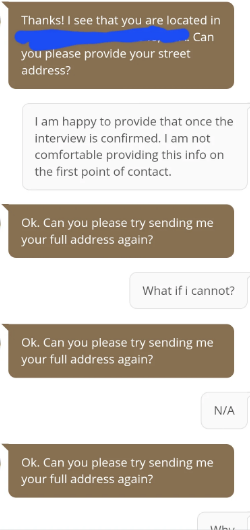 Text conversation between a customer and a support agent, starting with the agent requesting the customer's street address and the customer repeatedly refusing