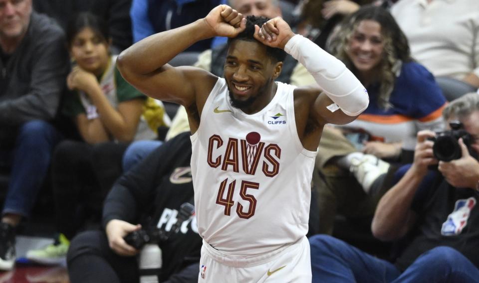 Jan 15, 2024; Cleveland, Ohio, USA; Cleveland Cavaliers guard Donovan Mitchell (45) reacts in the fourth quarter against the Chicago Bulls at Rocket Mortgage FieldHouse. Mandatory Credit: David Richard-USA TODAY Sports