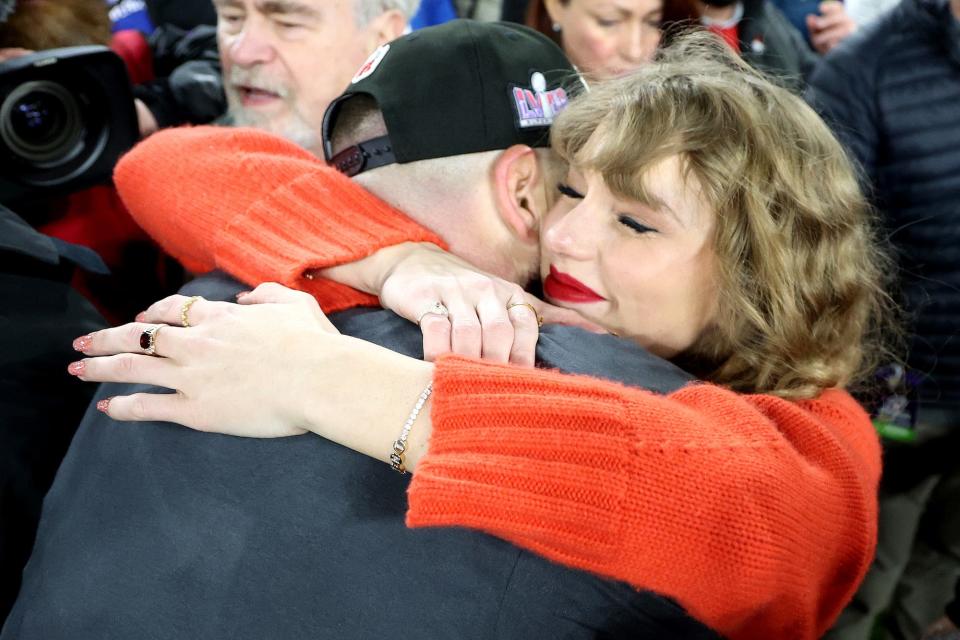 Travis Kelce and Taylor Swift at the 2024 AFC Championship Game.