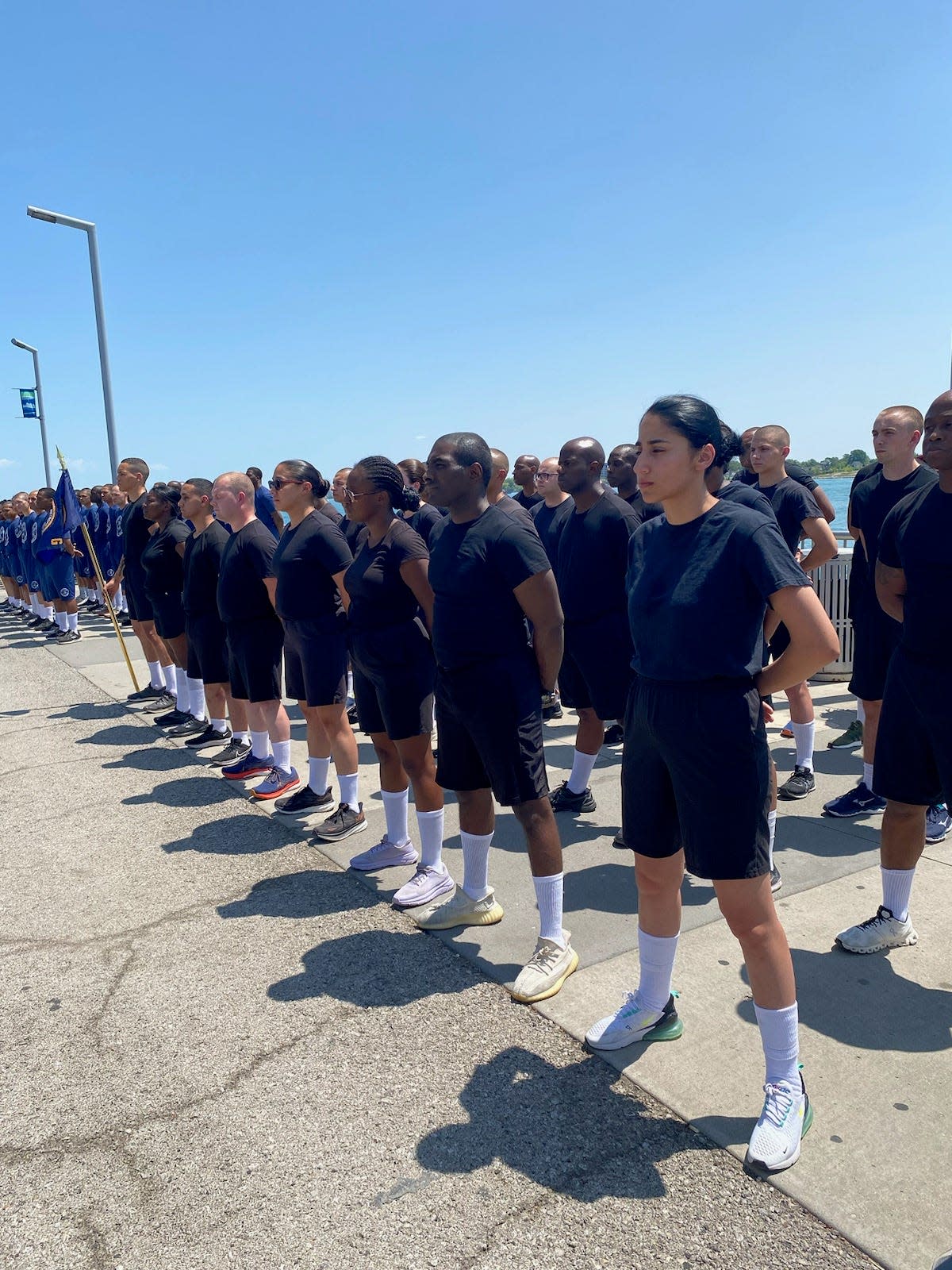 Detroit police recruits are briefed by Detroit Police Chief James White on the Detroit riverfront on June 1, 2023.